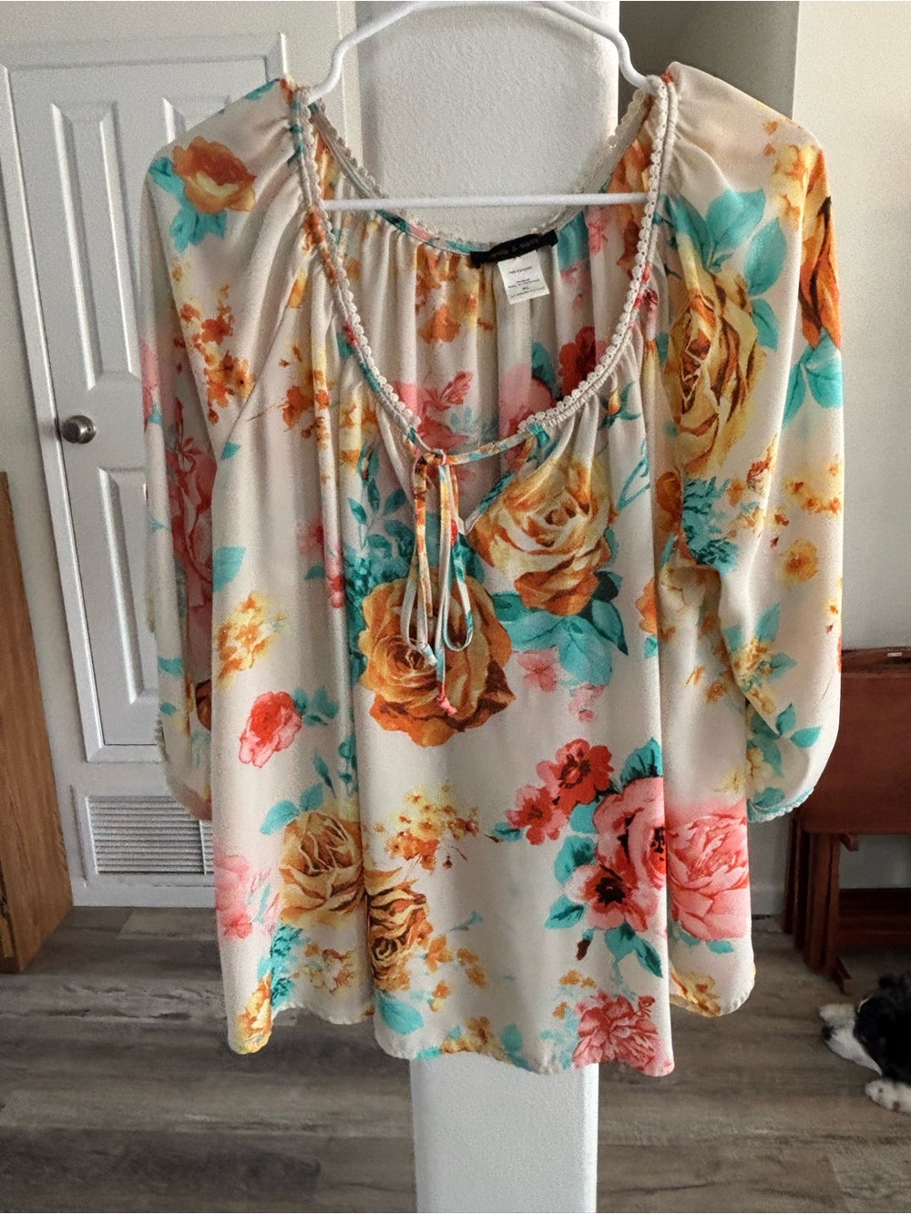 Cream Floral Peasant Tunic with Coral & Teal Accents